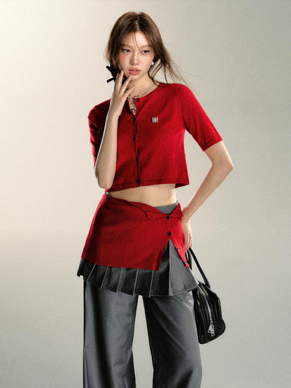 7Shiftin Sexy Two Tone Cropped Buttoned Short Sleeve Women&