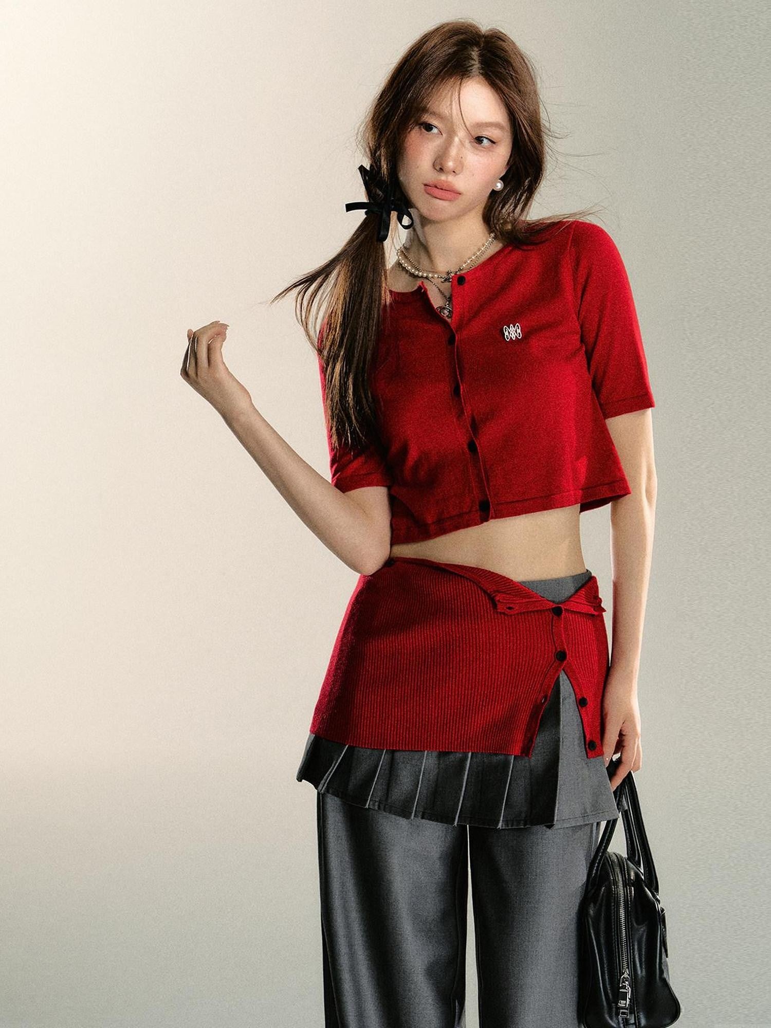 7Shiftin Sexy Two Tone Cropped Buttoned Short Sleeve Women&