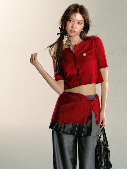 7Shiftin Sexy Two Tone Cropped Buttoned Short Sleeve Women&