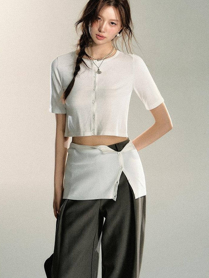 7Shiftin Sexy Two Tone Cropped Buttoned Short Sleeve Women&