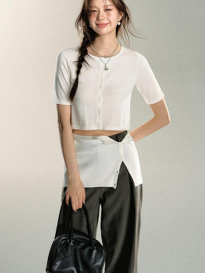 7Shiftin Sexy Two Tone Cropped Buttoned Short Sleeve Women&
