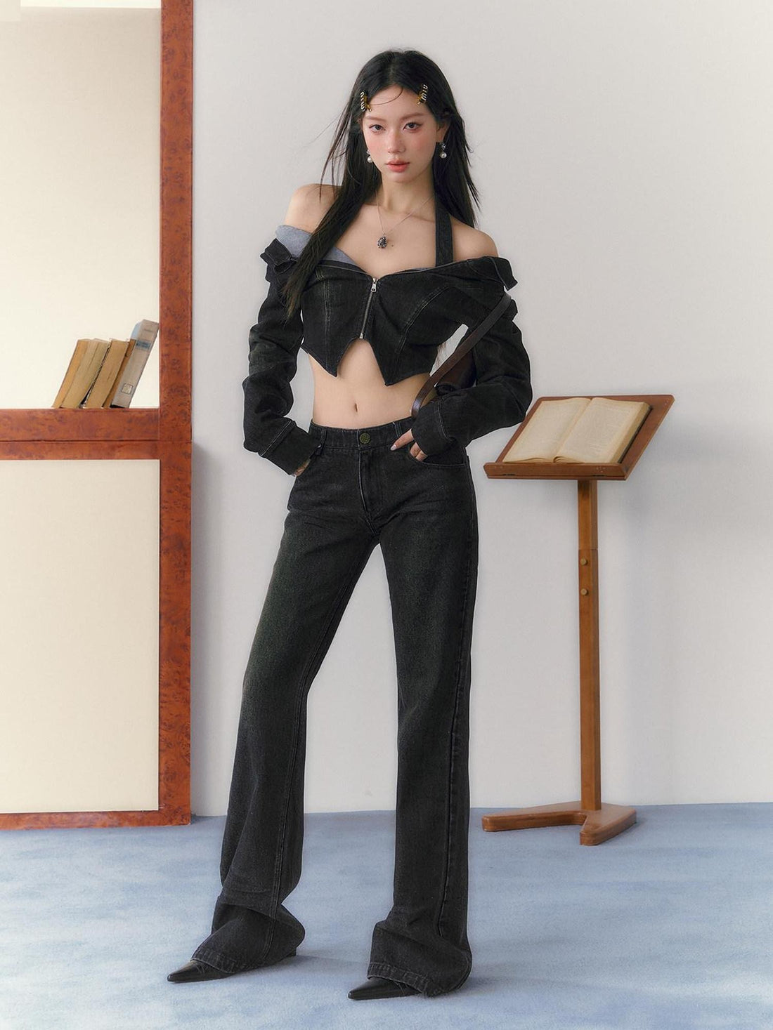 7Shiftin Sexy Zip Crop Jacket Highwaist Flare Pants Women&