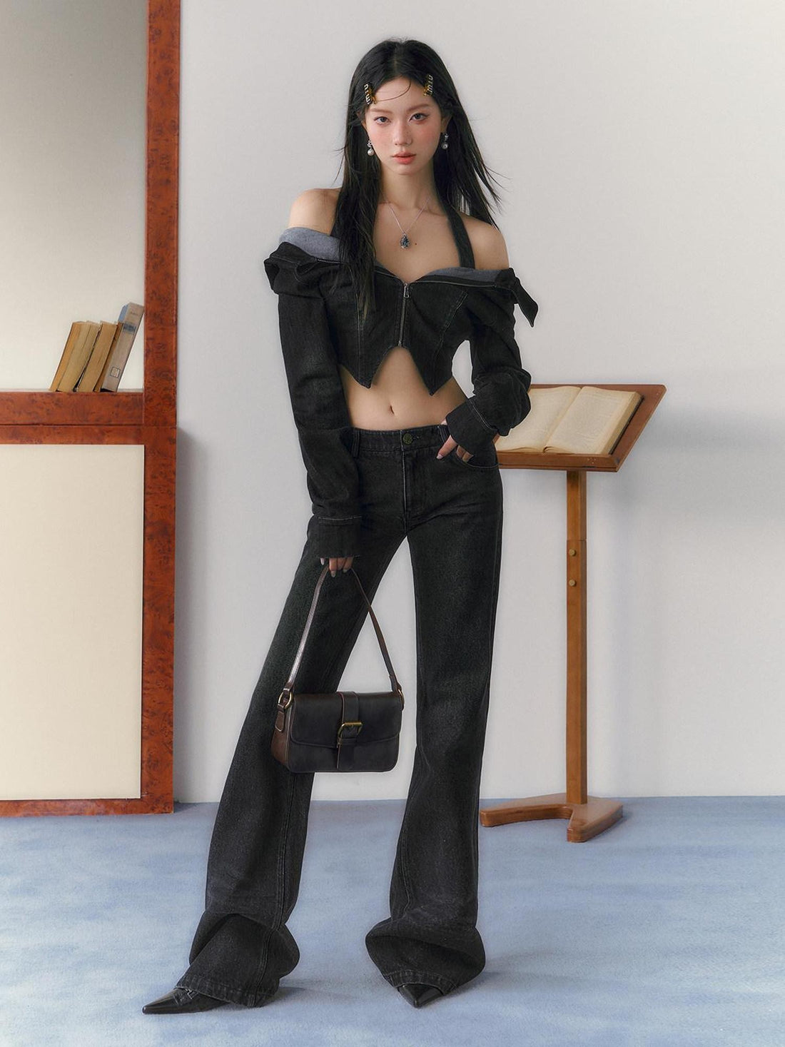 7Shiftin Sexy Zip Crop Jacket Highwaist Flare Pants Women&