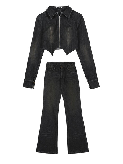 7Shiftin Sexy Zip Crop Jacket Highwaist Flare Pants Women&