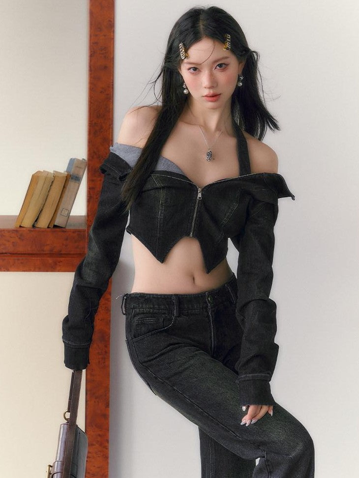 7Shiftin Sexy Zip Crop Jacket Highwaist Flare Pants Women&