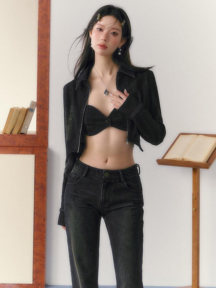 7Shiftin Sexy Zip Crop Jacket Highwaist Flare Pants Women&
