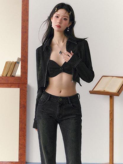 7Shiftin Sexy Zip Crop Jacket Highwaist Flare Pants Women&