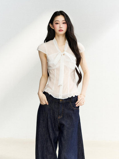 7Shiftin Sheer Bow V-neck Fitted Flutter Sleeve Women&