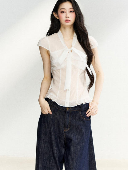7Shiftin Sheer Bow V-neck Fitted Flutter Sleeve Women&