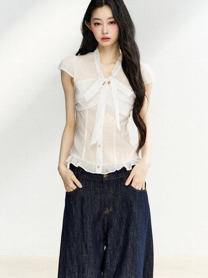7Shiftin Sheer Bow V-neck Fitted Flutter Sleeve Women&