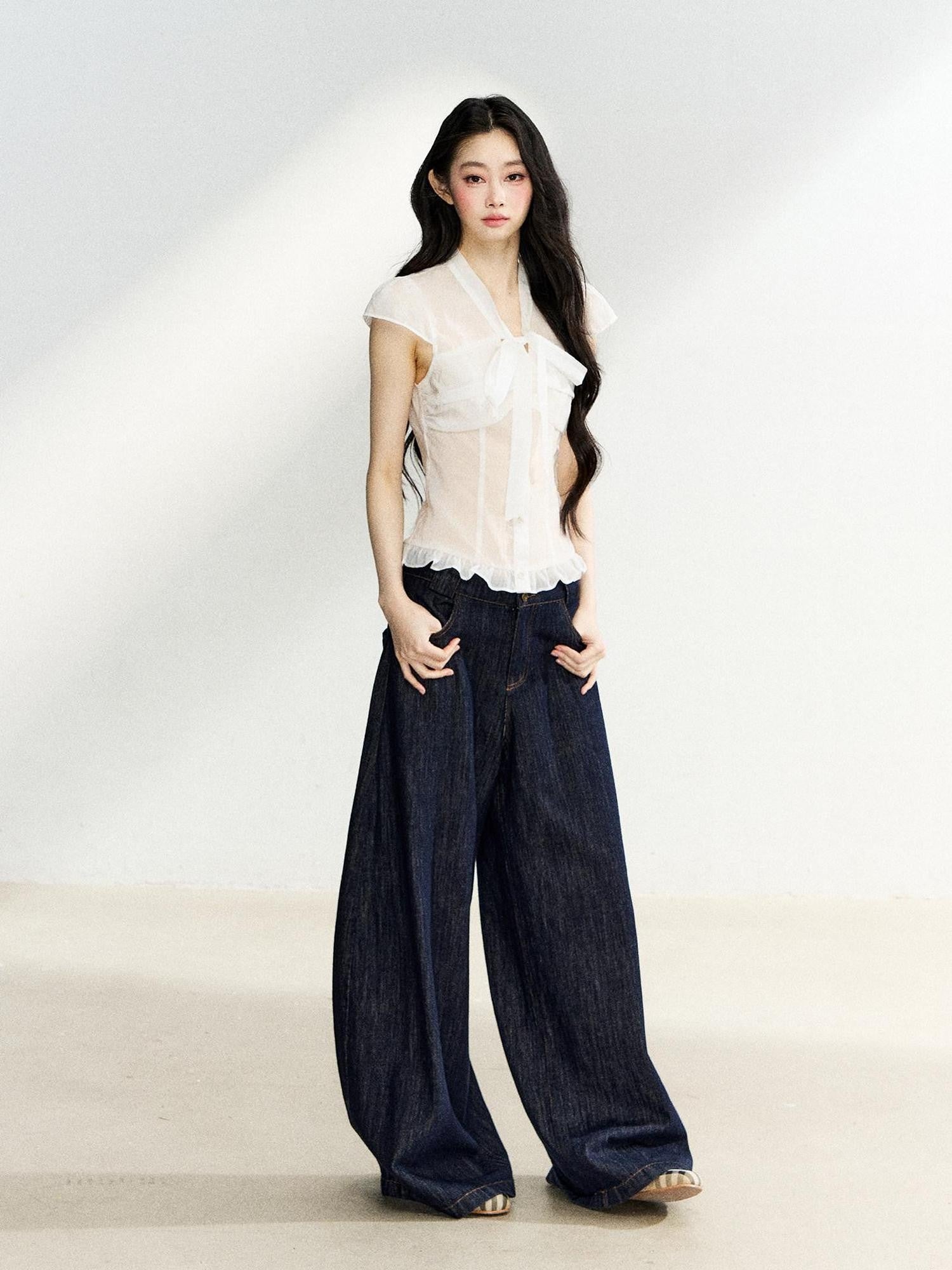 7Shiftin Sheer Bow V-neck Fitted Flutter Sleeve Women&