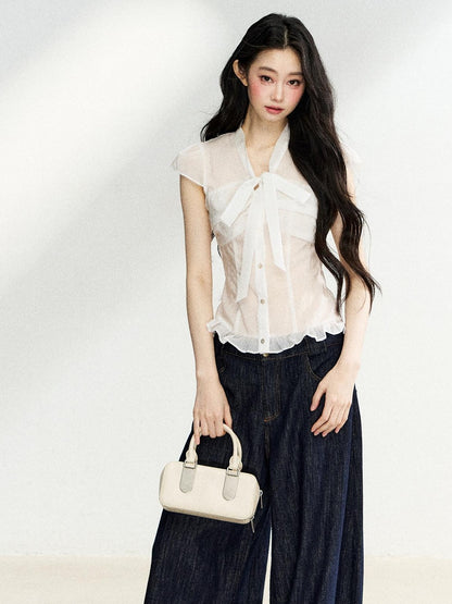 7Shiftin Sheer Bow V-neck Fitted Flutter Sleeve Women&