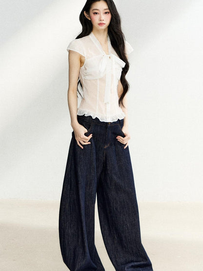 7Shiftin Sheer Bow V-neck Fitted Flutter Sleeve Women&