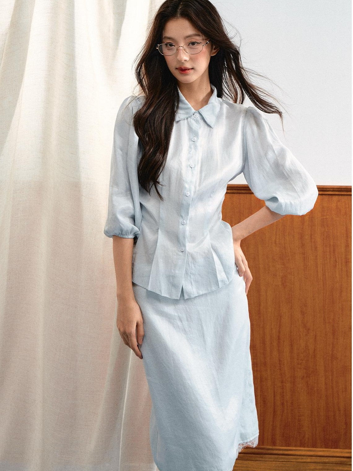 7Shiftin Simple Bubble Sleeve Lace Trim Lapel High Waist Women&