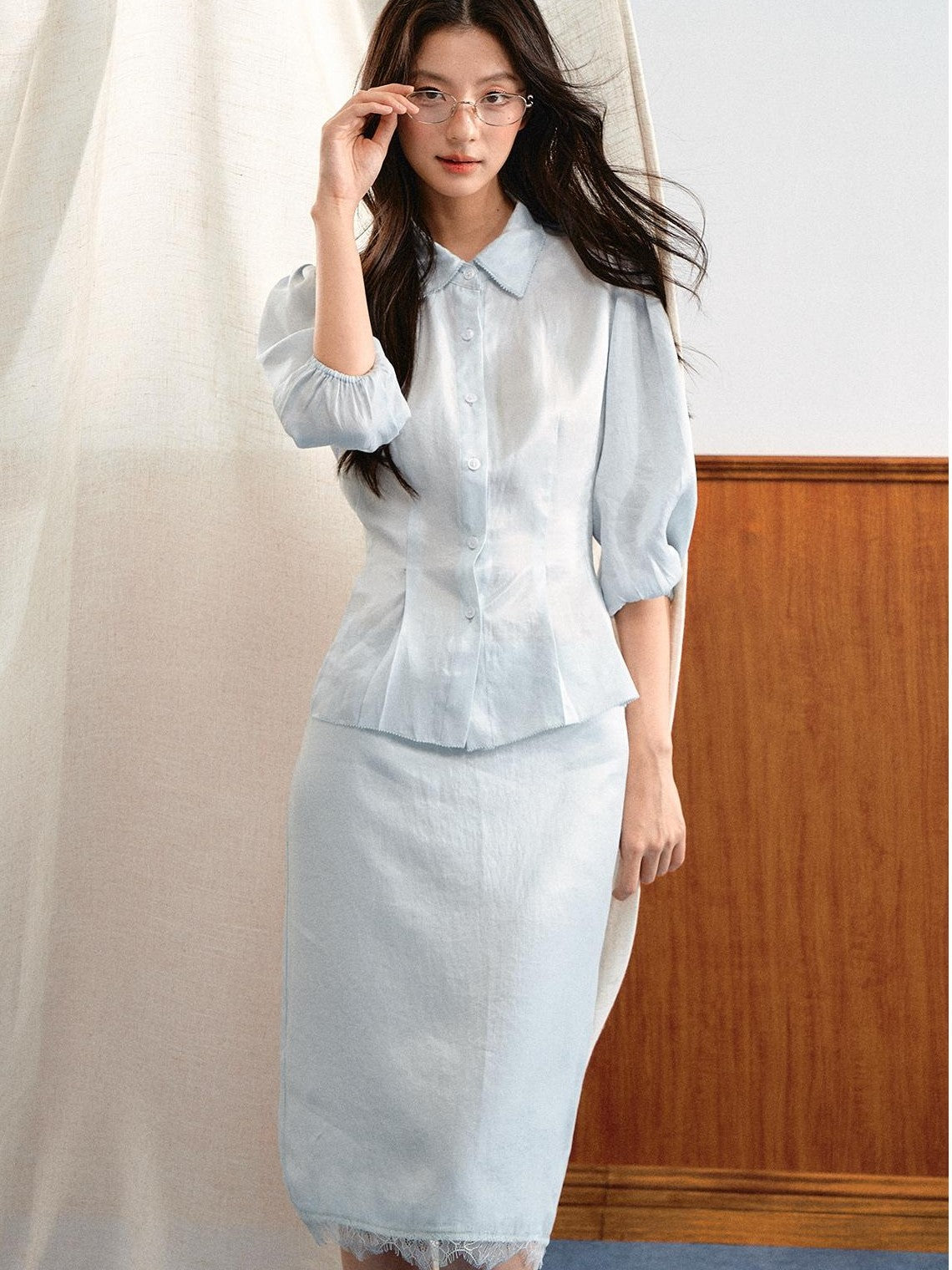7Shiftin Simple Bubble Sleeve Lace Trim Lapel High Waist Women&