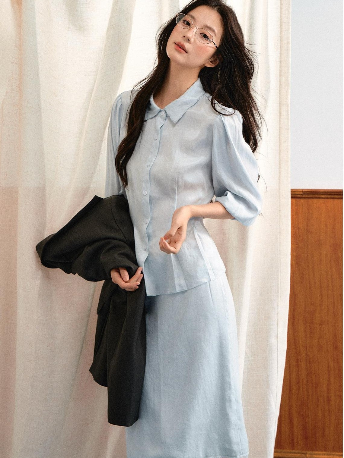 7Shiftin Simple Bubble Sleeve Lace Trim Lapel High Waist Women&