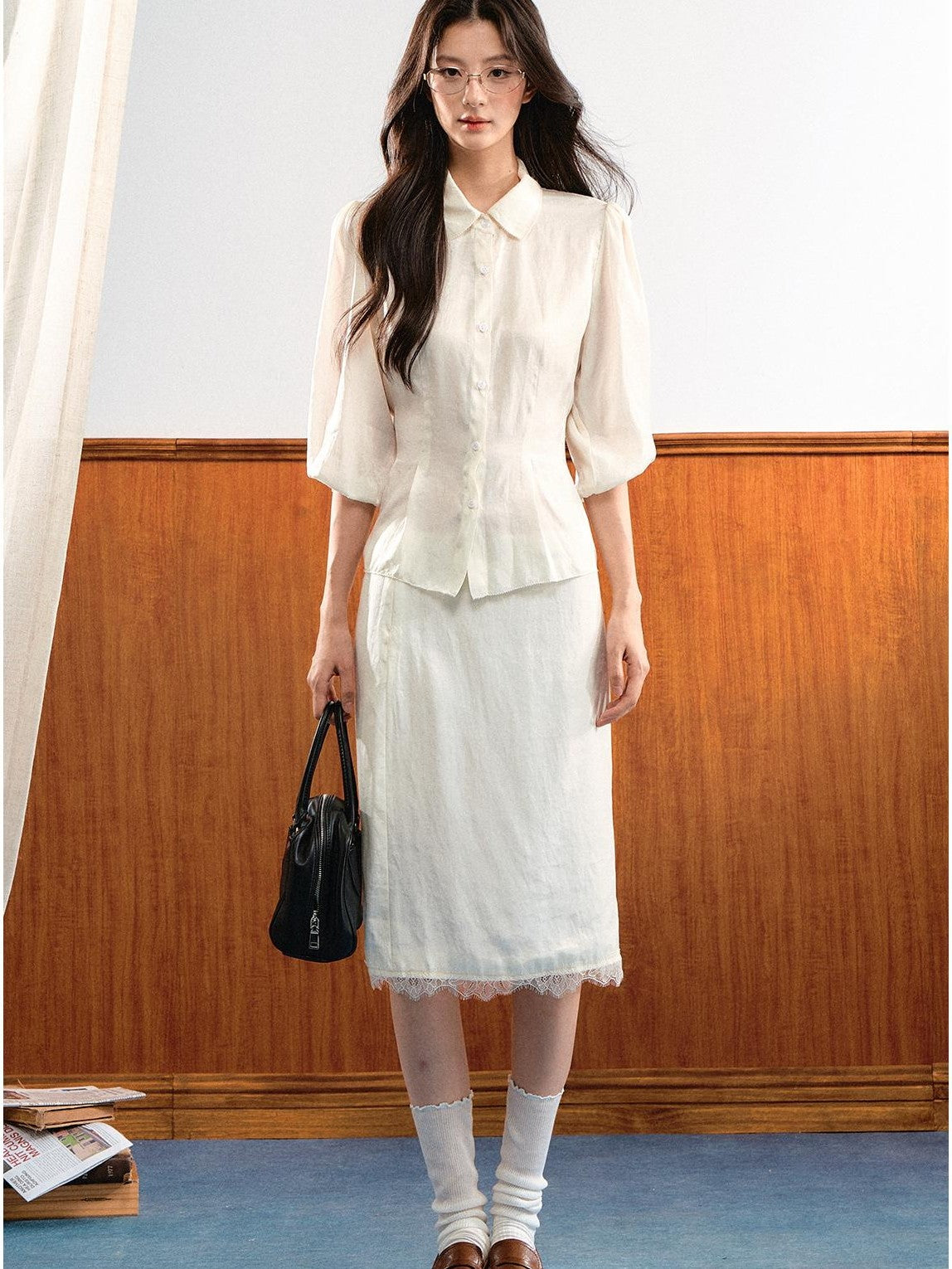7Shiftin Simple Bubble Sleeve Lace Trim Lapel High Waist Women&
