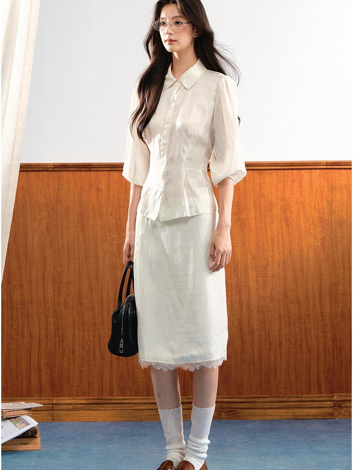 7Shiftin Simple Bubble Sleeve Lace Trim Lapel High Waist Women&