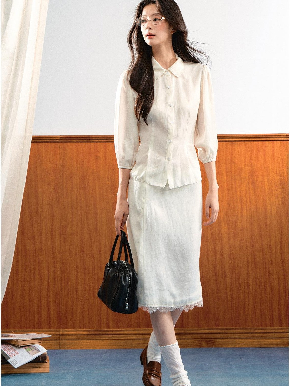 7Shiftin Simple Bubble Sleeve Lace Trim Lapel High Waist Women&