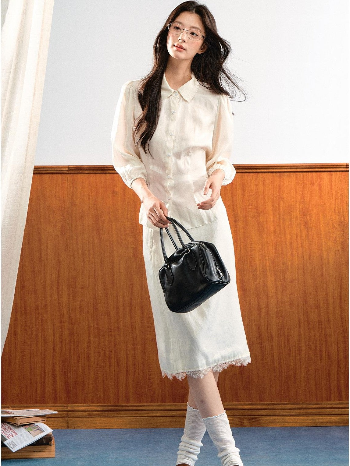 7Shiftin Simple Bubble Sleeve Lace Trim Lapel High Waist Women&
