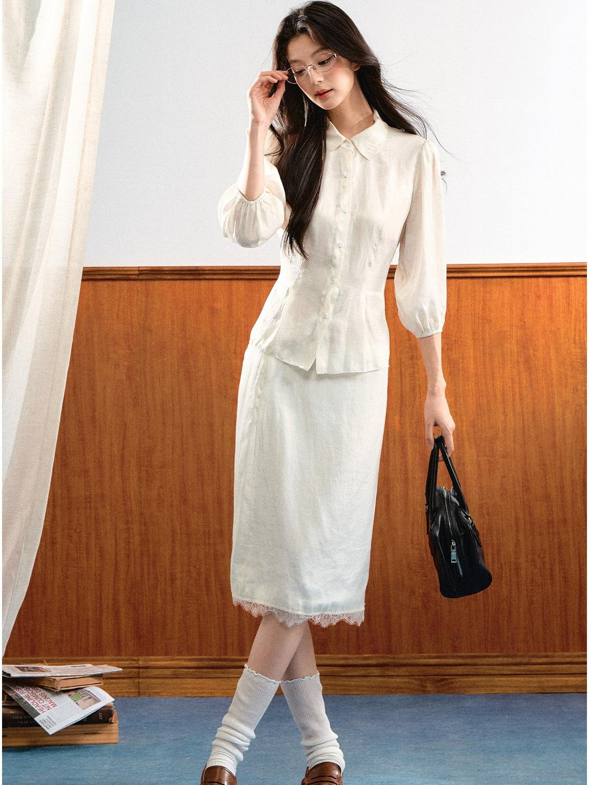 7Shiftin Simple Bubble Sleeve Lace Trim Lapel High Waist Women&