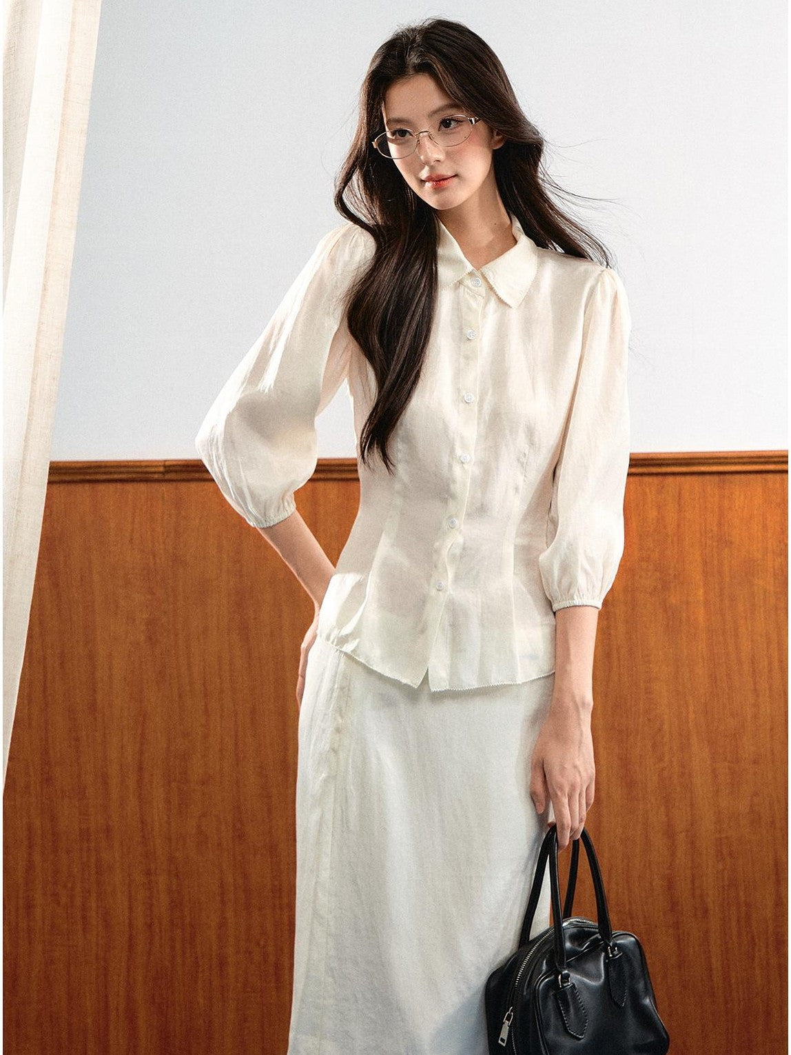 7Shiftin Simple Bubble Sleeve Lace Trim Lapel High Waist Women&