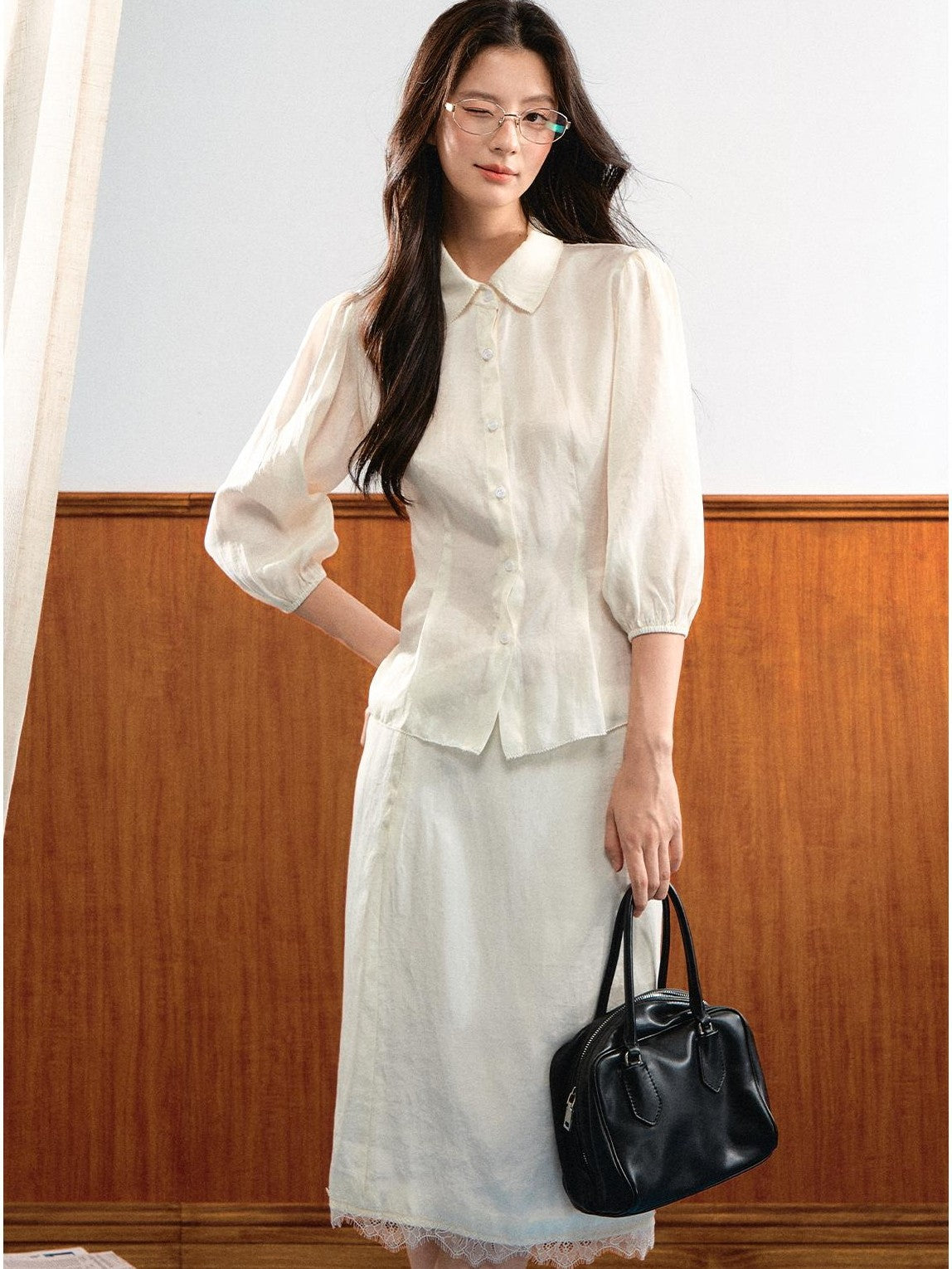 7Shiftin Simple Bubble Sleeve Lace Trim Lapel High Waist Women&