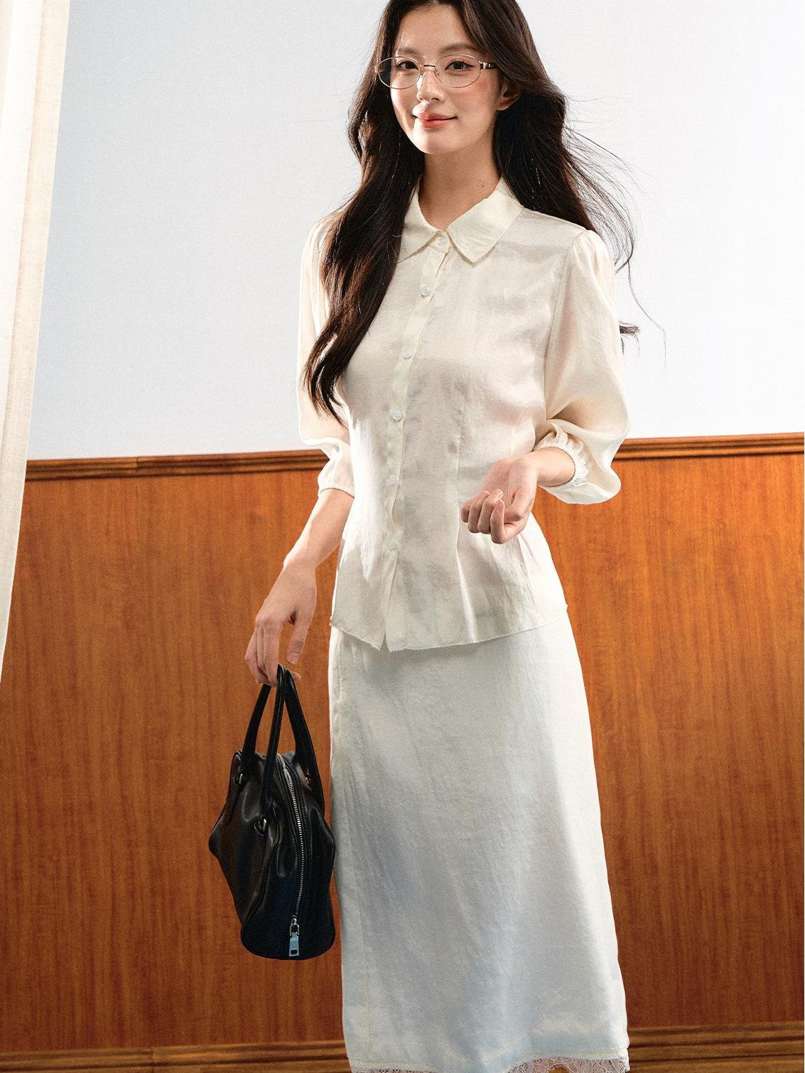 7Shiftin Simple Bubble Sleeve Lace Trim Lapel High Waist Women&