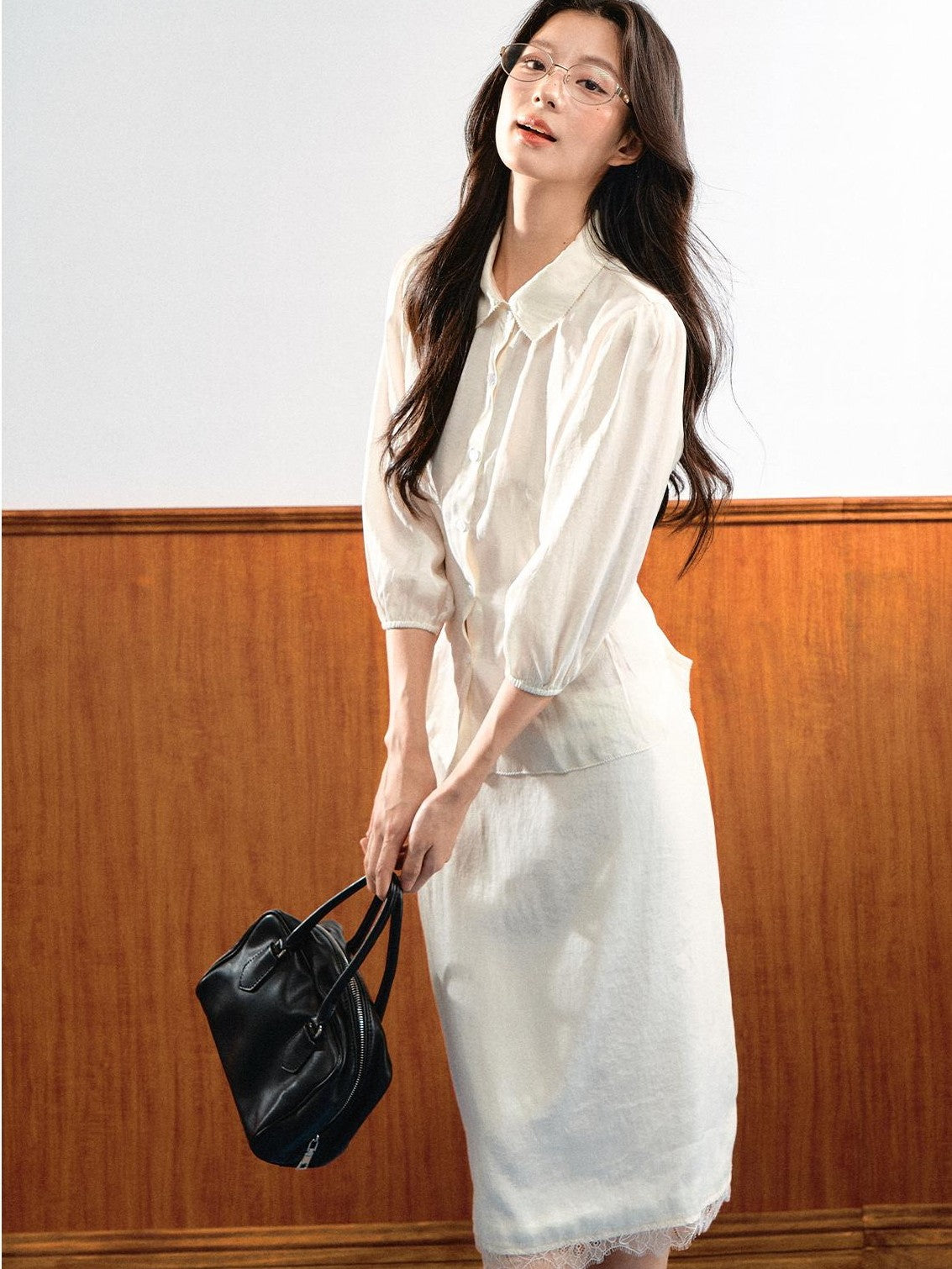 7Shiftin Simple Bubble Sleeve Lace Trim Lapel High Waist Women&