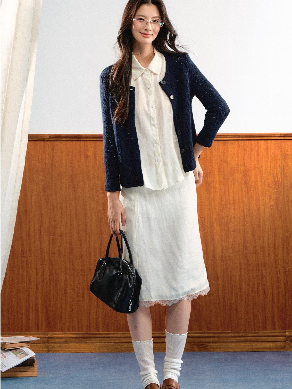 7Shiftin Simple Bubble Sleeve Lace Trim Lapel High Waist Women&