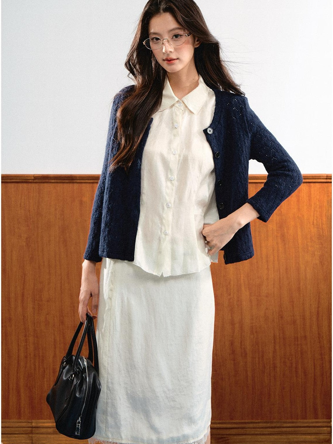 7Shiftin Simple Bubble Sleeve Lace Trim Lapel High Waist Women&
