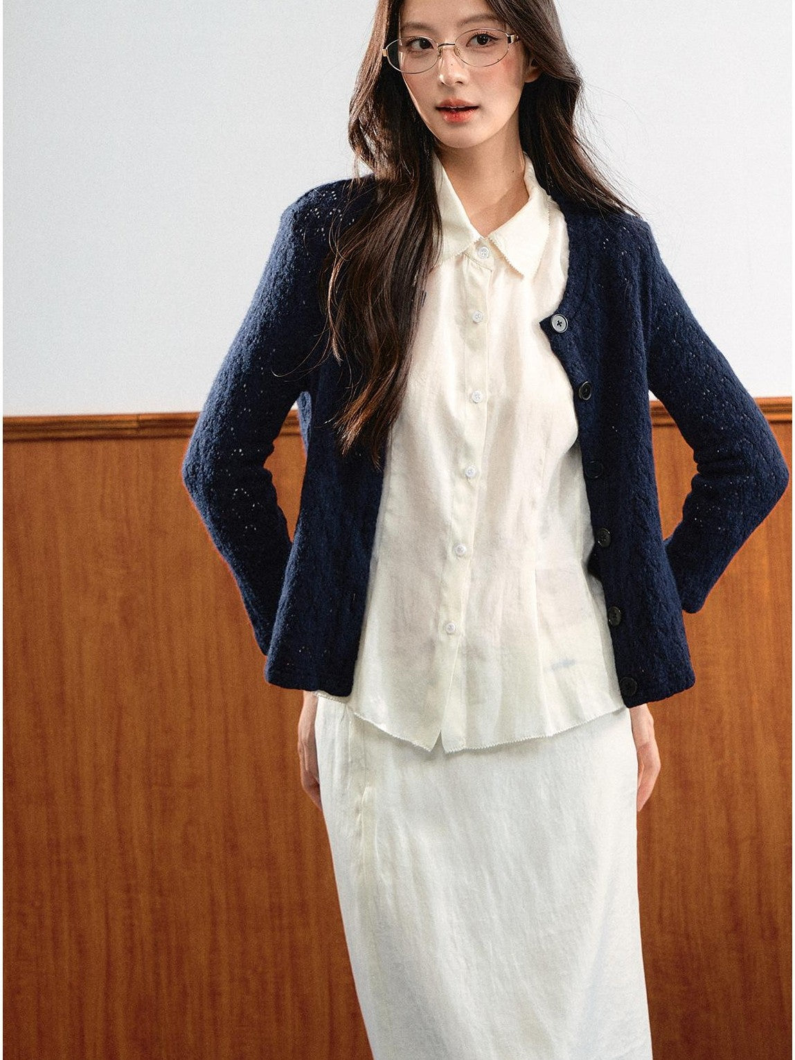 7Shiftin Simple Bubble Sleeve Lace Trim Lapel High Waist Women&