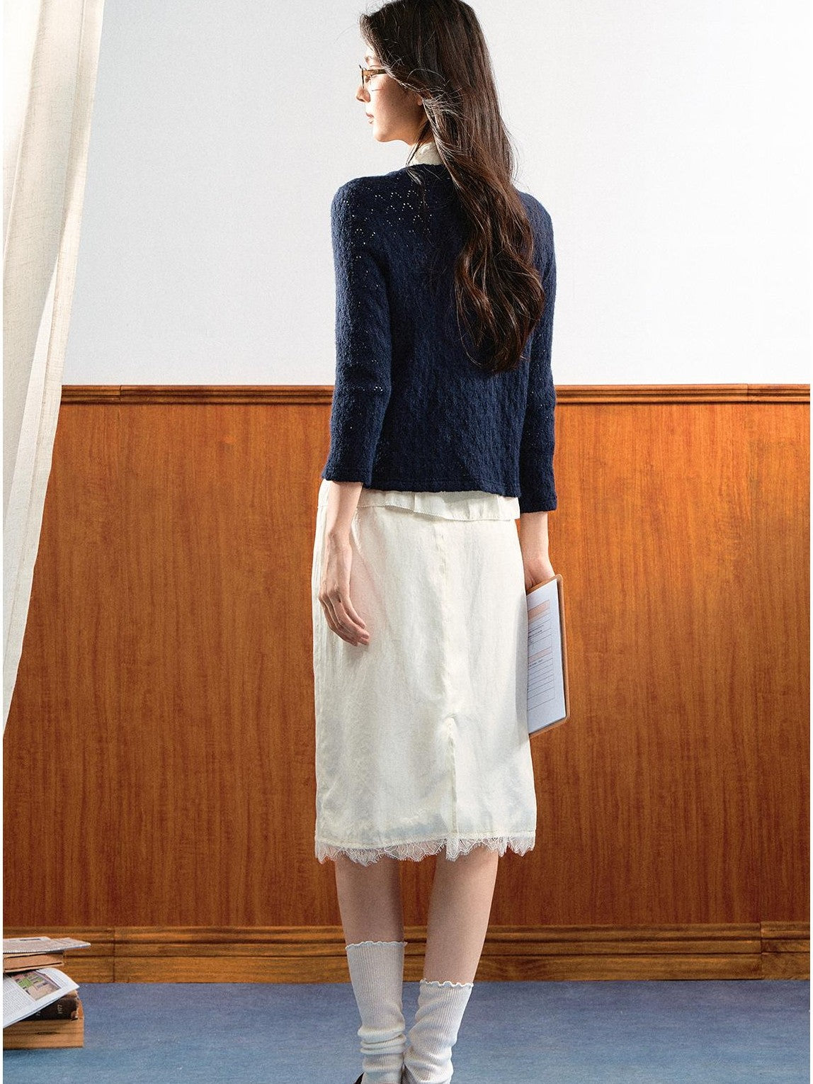 7Shiftin Simple Bubble Sleeve Lace Trim Lapel High Waist Women&