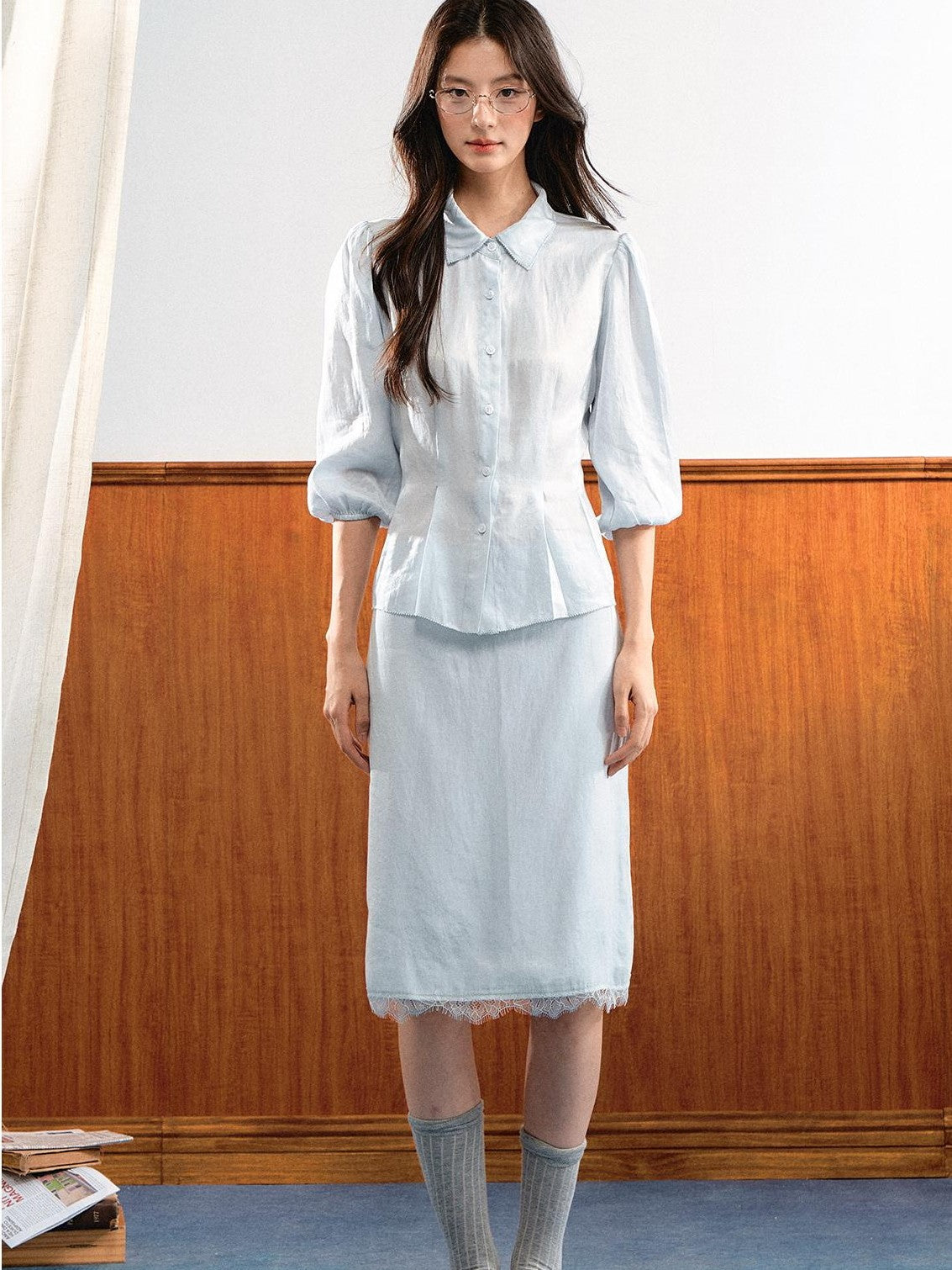7Shiftin Simple Bubble Sleeve Lace Trim Lapel High Waist Women&