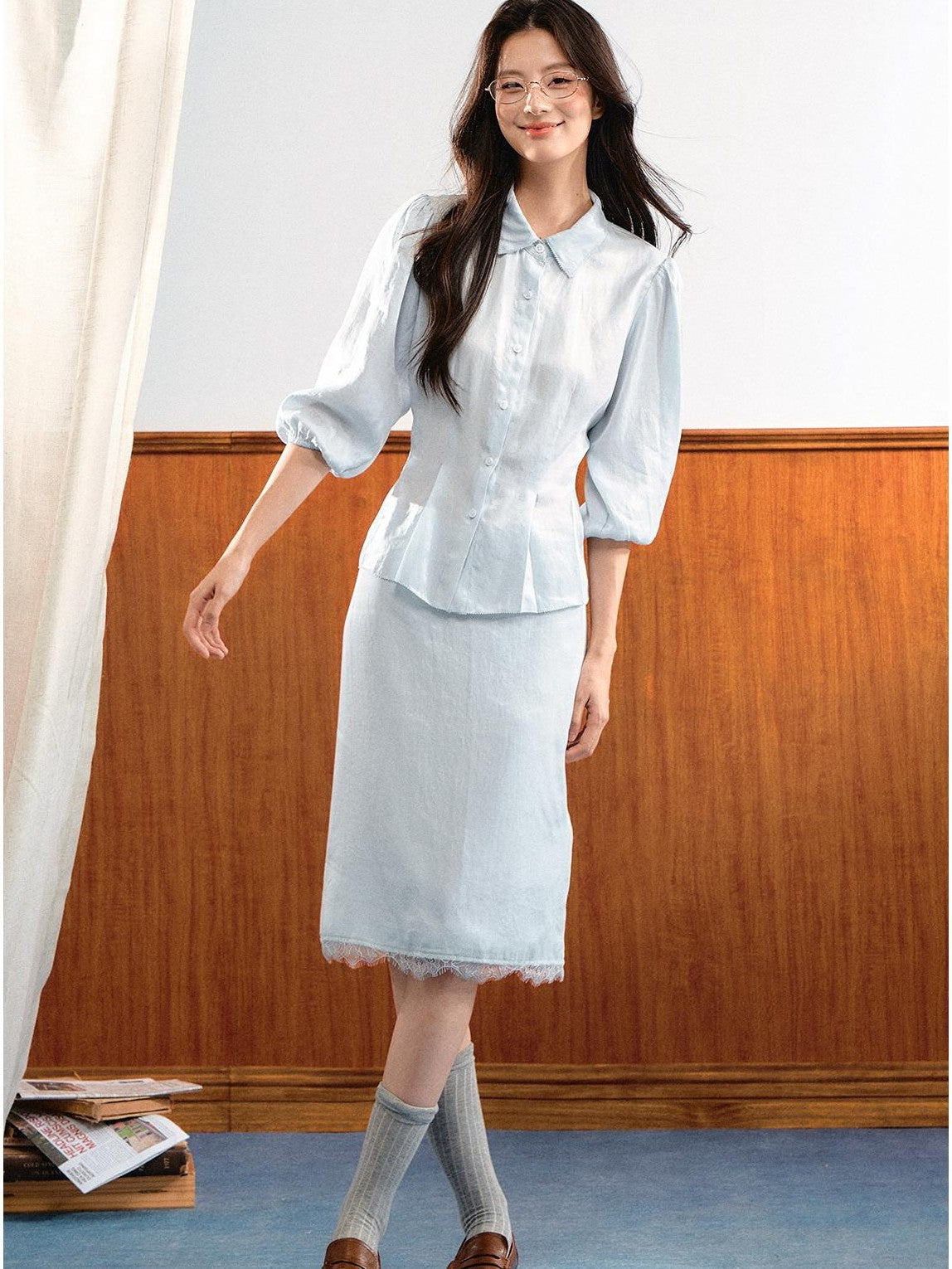 7Shiftin Simple Bubble Sleeve Lace Trim Lapel High Waist Women&