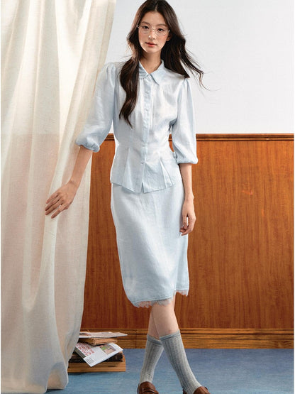 7Shiftin Simple Bubble Sleeve Lace Trim Lapel High Waist Women&