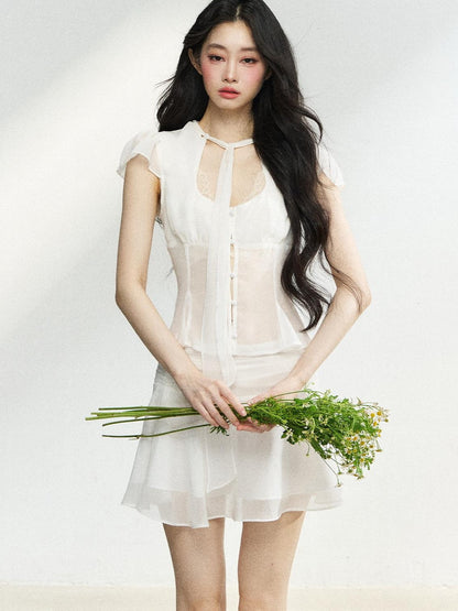 7Shiftin Tie Waist Ruffle Short Sleeve Crop Fitted High Waist Women&