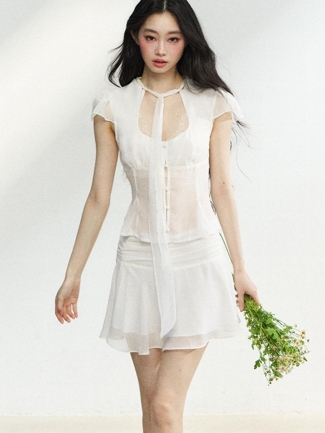 7Shiftin Tie Waist Ruffle Short Sleeve Crop Fitted High Waist Women&