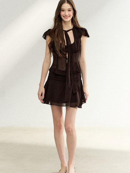 7Shiftin Tie Waist Ruffle Short Sleeve Crop Fitted High Waist Women&