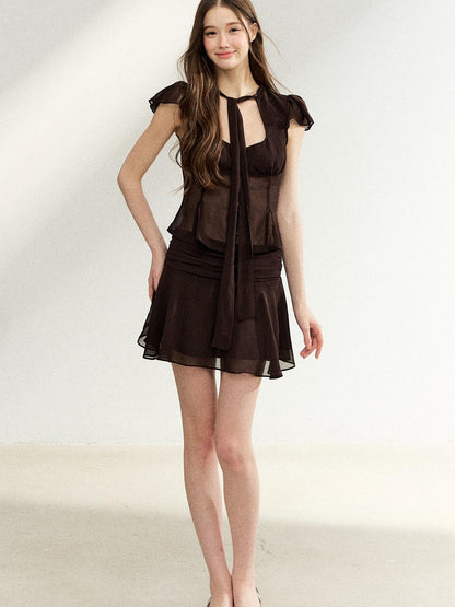 7Shiftin Tie Waist Ruffle Short Sleeve Crop Fitted High Waist Women&