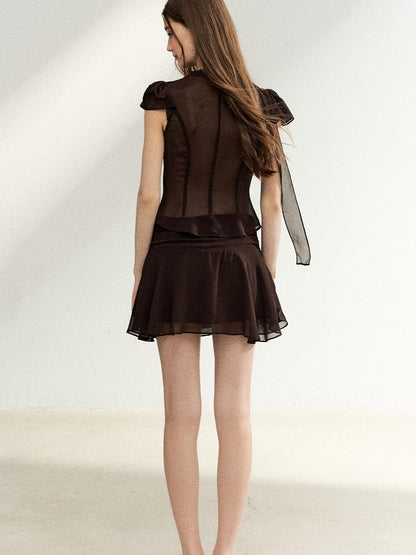 7Shiftin Tie Waist Ruffle Short Sleeve Crop Fitted High Waist Women&