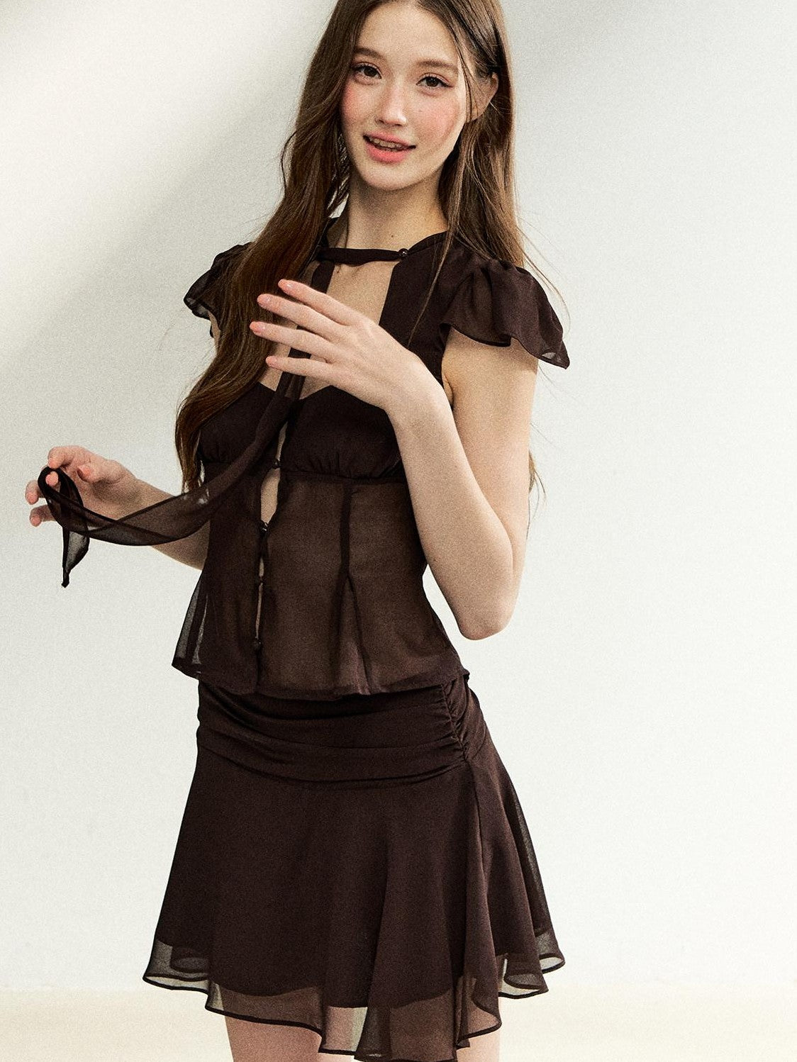 7Shiftin Tie Waist Ruffle Short Sleeve Crop Fitted High Waist Women&