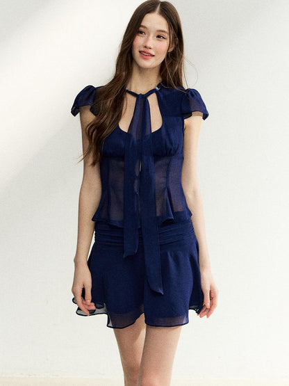 7Shiftin Tie Waist Ruffle Short Sleeve Crop Fitted High Waist Women&
