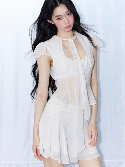 7Shiftin Tie Waist Ruffle Short Sleeve Crop Fitted High Waist Women&