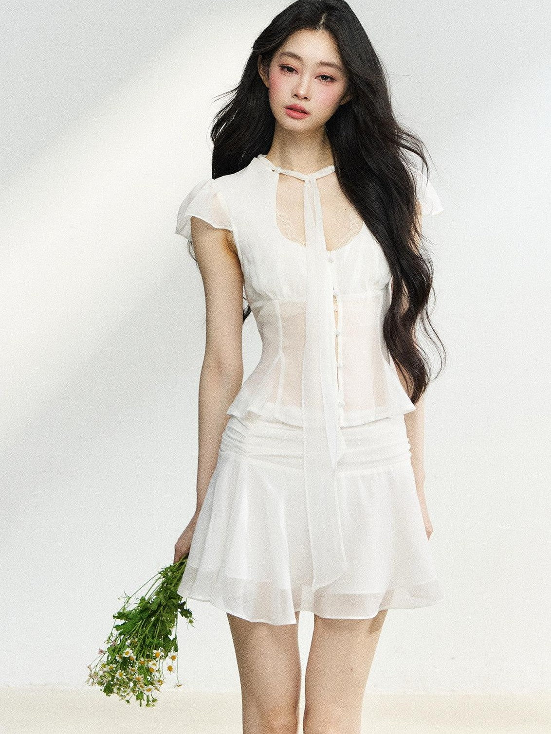 7Shiftin Tie Waist Ruffle Short Sleeve Crop Fitted High Waist Women&