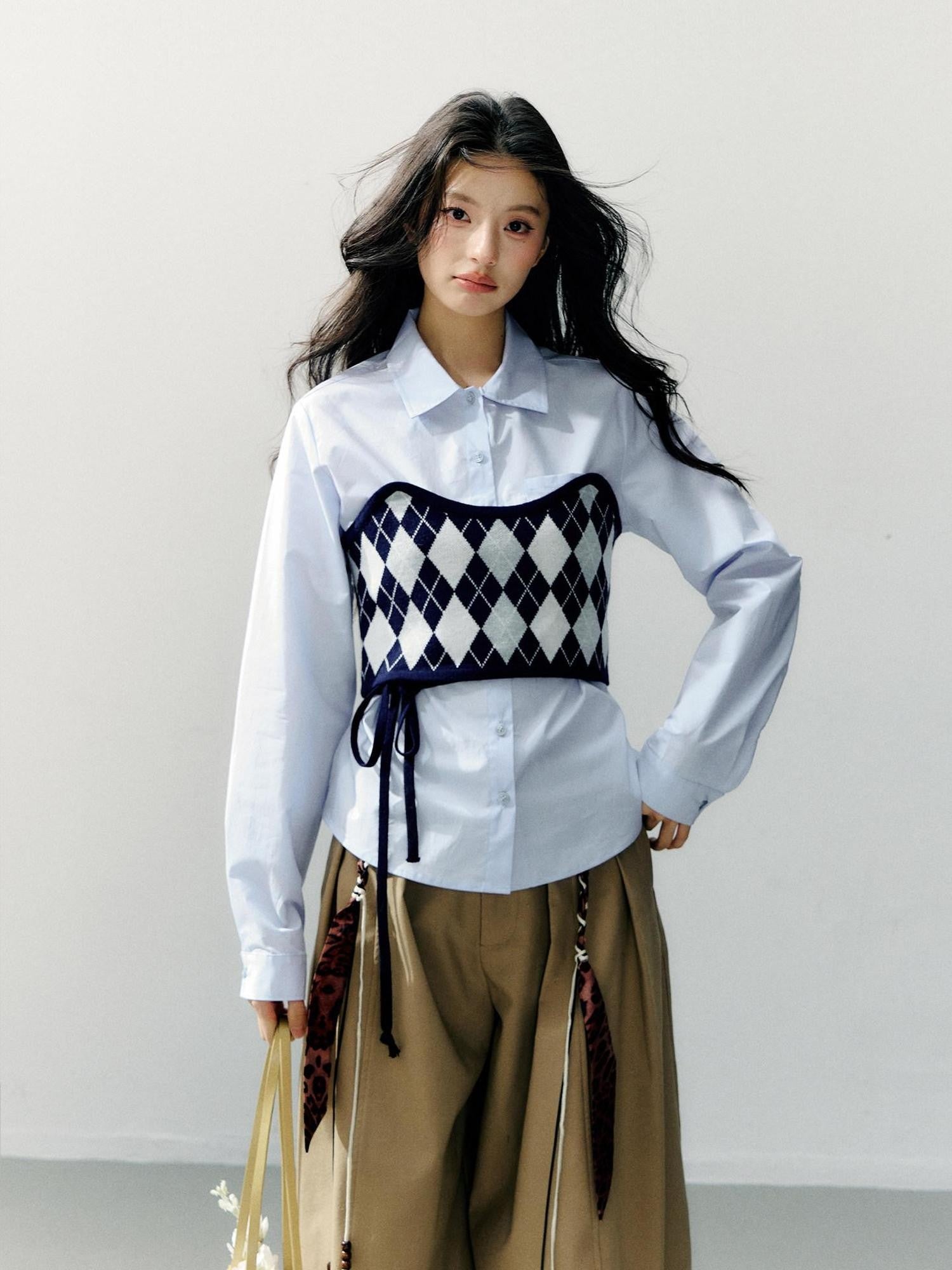 7Shiftin Two Piece Checkered Diamond Bustier Long Sleeve Lapel Women&
