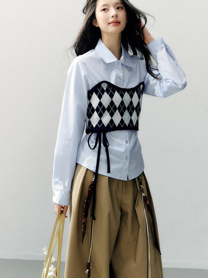 7Shiftin Two Piece Checkered Diamond Bustier Long Sleeve Lapel Women&