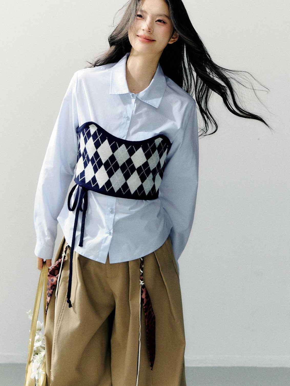 7Shiftin Two Piece Checkered Diamond Bustier Long Sleeve Lapel Women&