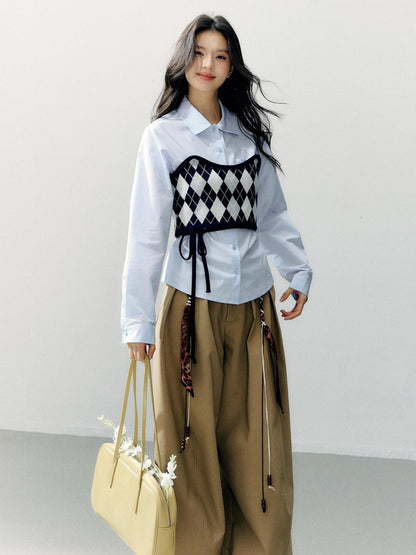 7Shiftin Two Piece Checkered Diamond Bustier Long Sleeve Lapel Women&