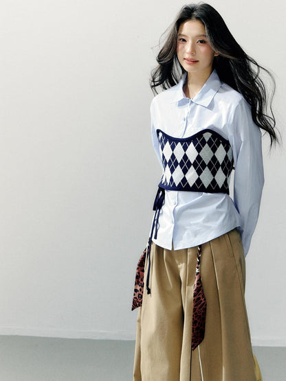 7Shiftin Two Piece Checkered Diamond Bustier Long Sleeve Lapel Women&